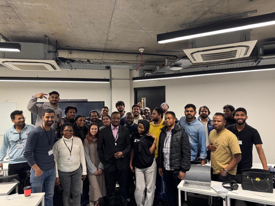 Dr. Ayokunnu Olowoporoku teaching a full lecture hall at Northumbria University, London Campus